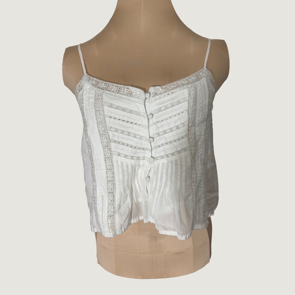 3371 | American Eagle Pintuck Lace Trim Button Front Cami Top White Womens XS
